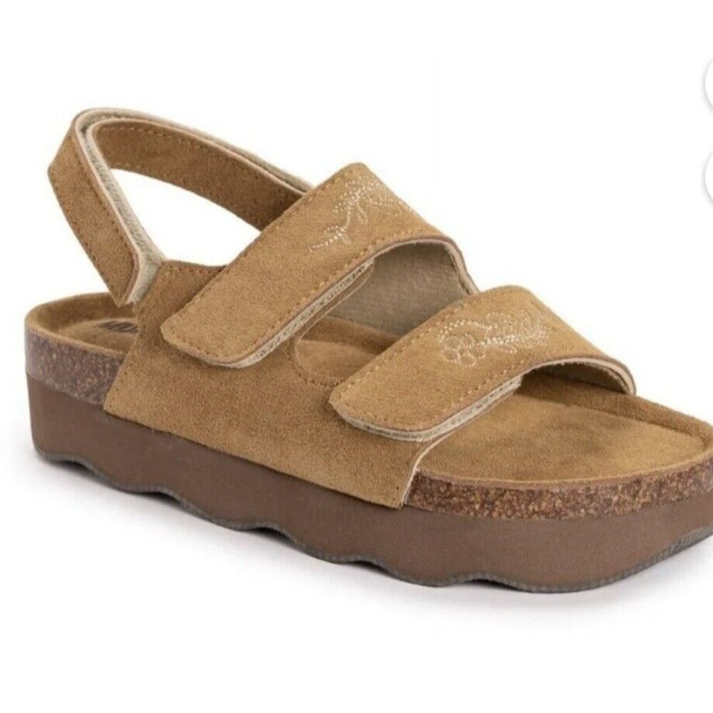 MUK LUKS Tan Suede Embroidered Slingback Sandals Sz 11